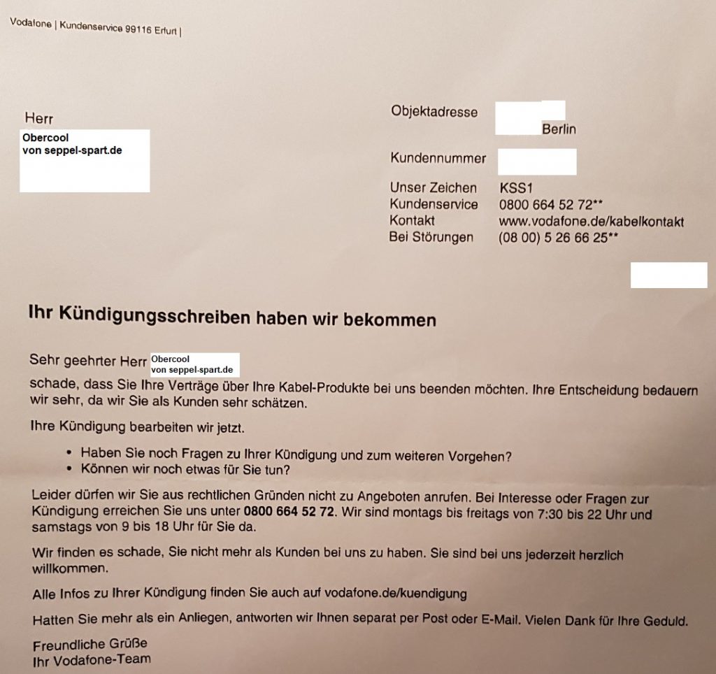 Kündigungsbestätigung von Vodafone Kabel Deutschland