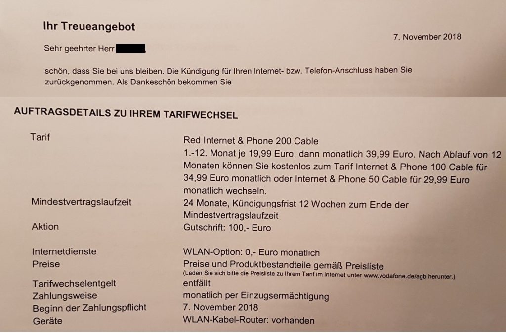 Treuepaket von Vodafone Kabel Deutschland